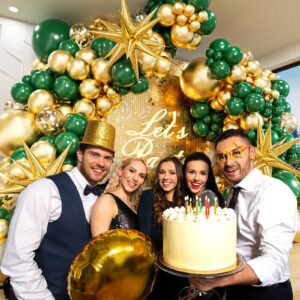 FOTIOMRG Green and Gold Balloon Arch Kit with 3pcs Star Balloon, Emerald Forest Dark Green Balloons Metallic Gold Balloons for Birthday Baby Shower Wedding New Years Party Decorations