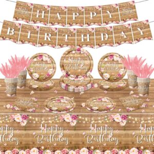 142pcs floral birthday party plates wood grain flower tableware set for girls kids bridal shower party supplies rustic wooden birthday paper plates napkins forks decorations for 20 guests