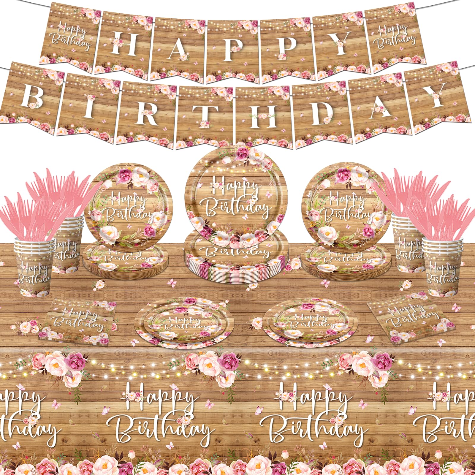 142Pcs Floral Birthday Party Plates Wood Grain Flower Tableware Set for Girls Kids Bridal Shower Party Supplies Rustic Wooden Birthday Paper Plates Napkins Forks Decorations for 20 Guests