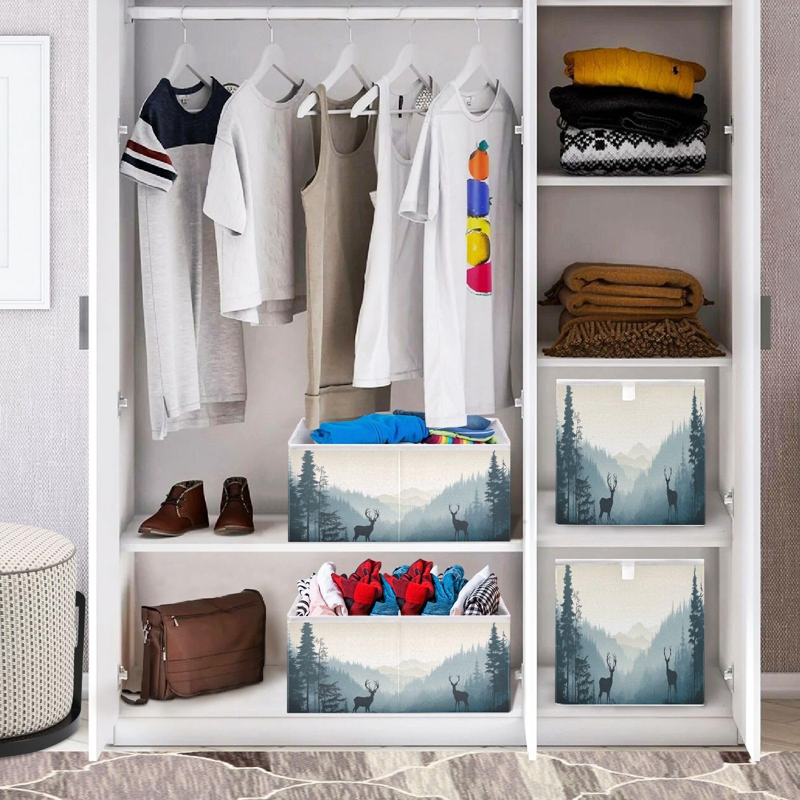 SDMKA Deer Forest Cube Storage Bin Foldable Storage Cubes Fabric Storage Baskets for Shelf Closet Home Organizers, 11 Inch