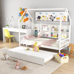 Giantex Twin House Bed with Trundle, Solid Wood Bed Frame with Roof & 8 Cube Bookcase, Wooden Slatted Support Bed Frame for Girls, Boys, No Box Spring Needed, White