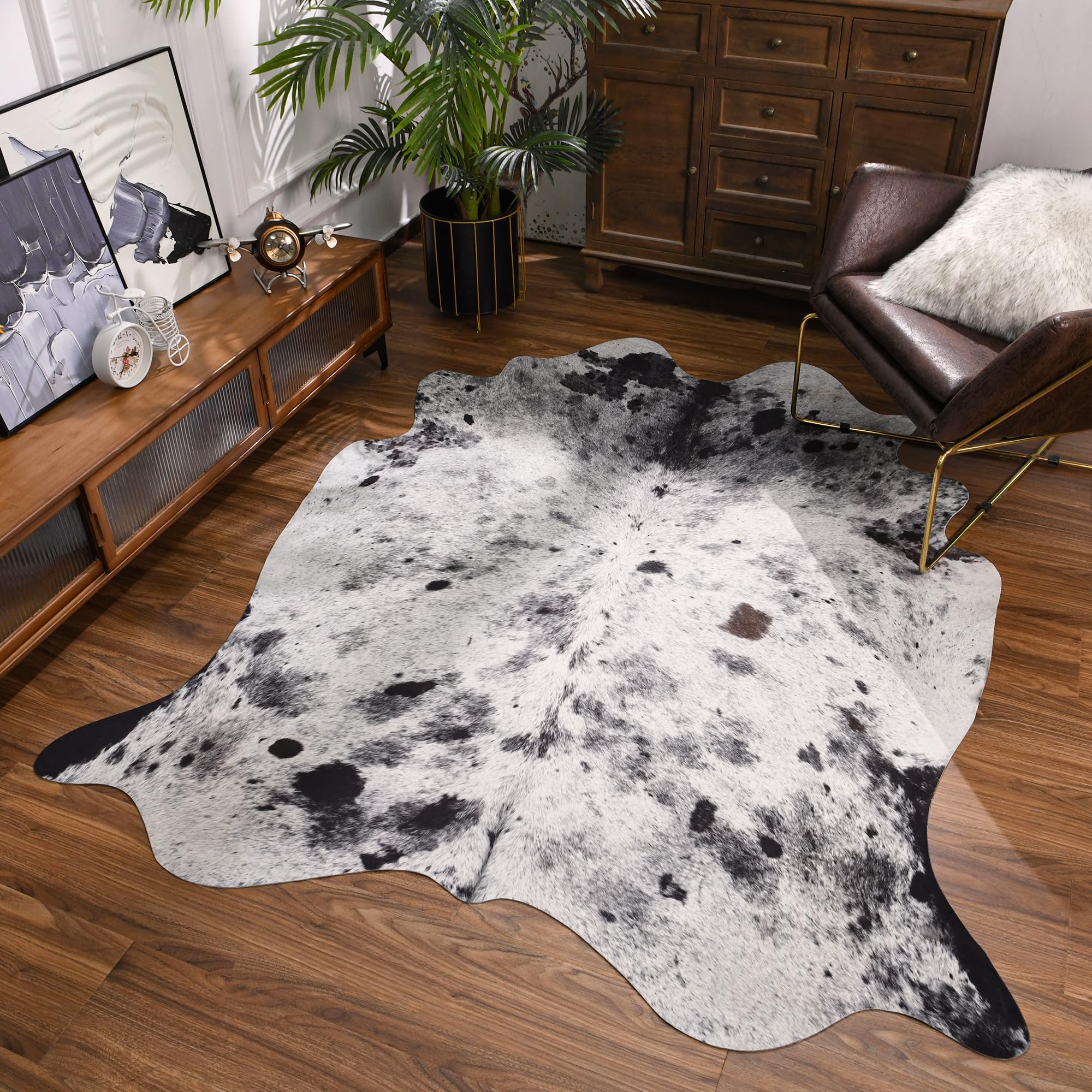 NEOCOZY Exquisite Cowhide Rug, 6.2 x 7 ft Faux Cowhide Rug for Living Room Bedroom, Cow Print Rug for Wall, Non-Slip, Grey White