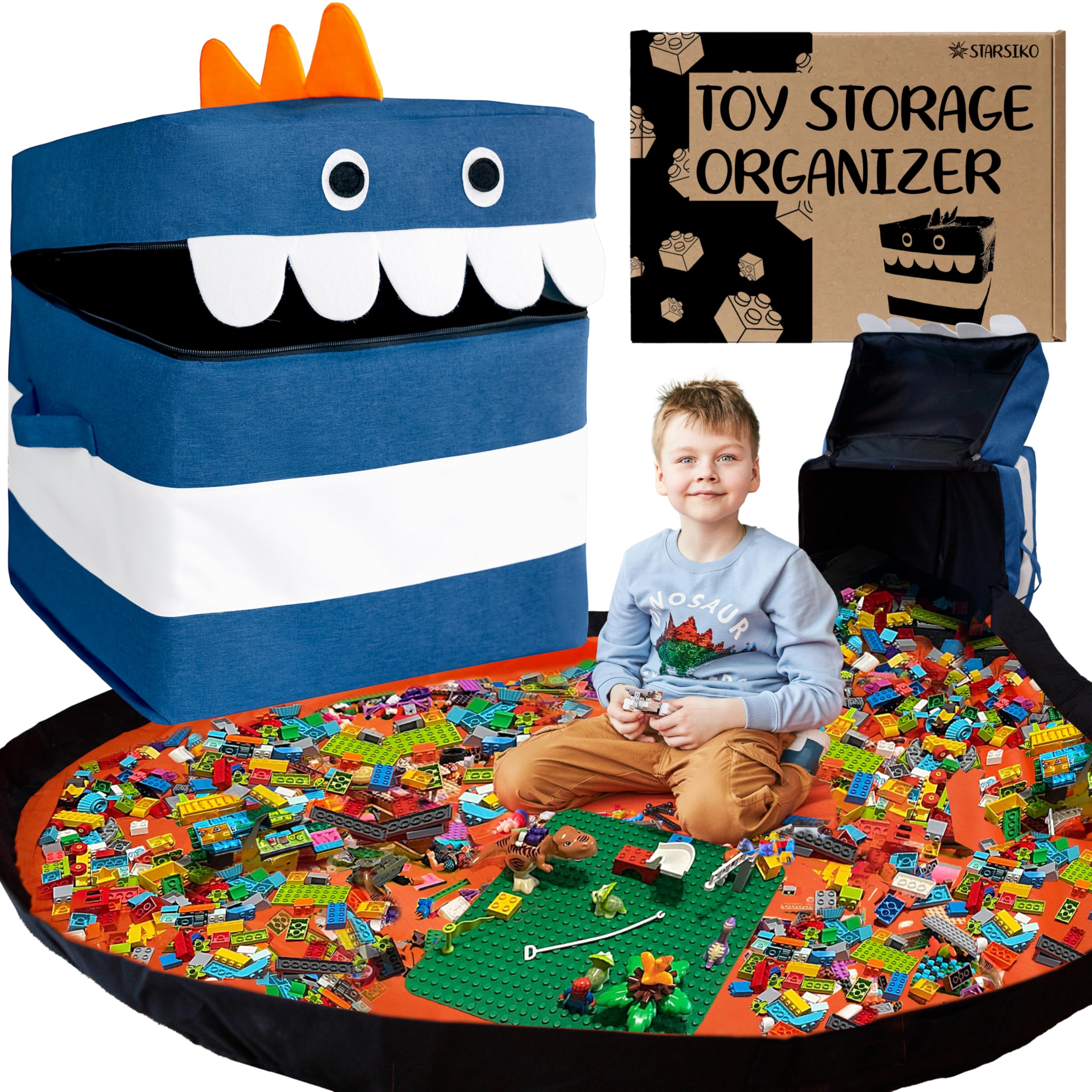 Toy Storage Organizer with Play Mat - XXL Monster Storage Bag/Box for Kids, Boys, Girls, Nursery, Playroom - Basket for Building Bricks/Blocks - Collapsible Fabric Cube Bin, 15"x15"x15"