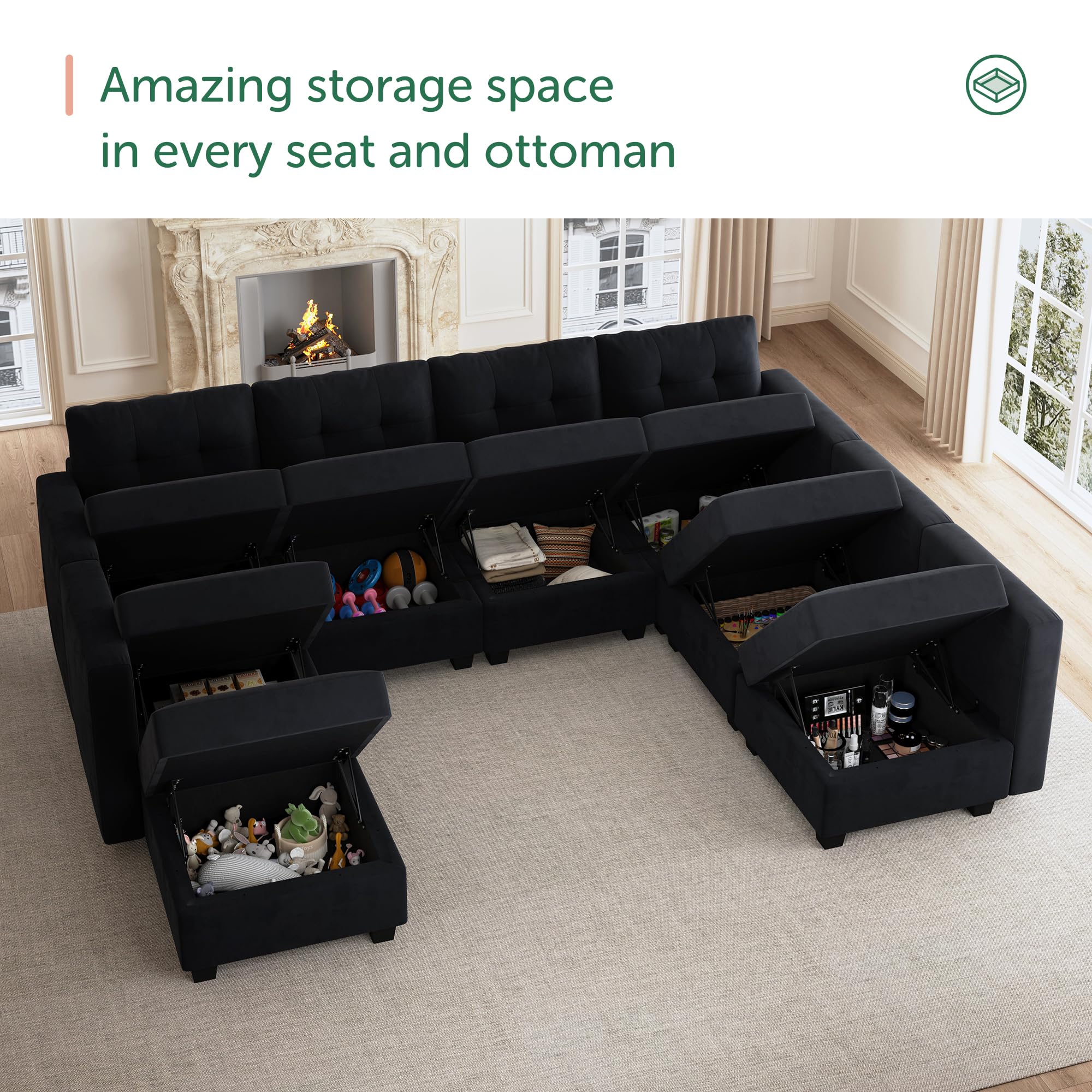 HONBAY Modular Sectional Sofa with Storage Ottomans Oversized U Shaped Couch with Chaises 8-Seater Sectional Sofa for Living Room, Black