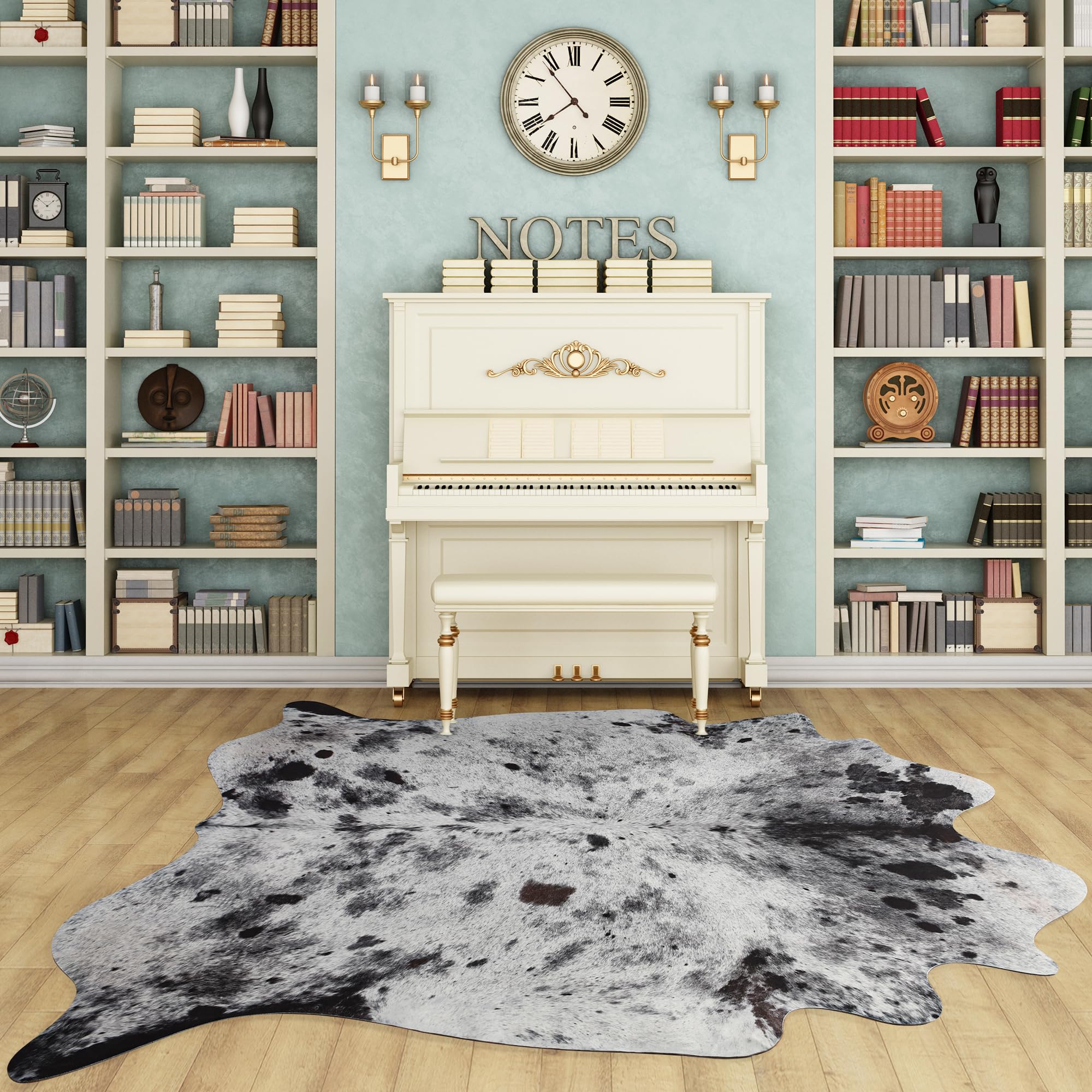 NEOCOZY Exquisite Cowhide Rug, 6.2 x 7 ft Faux Cowhide Rug for Living Room Bedroom, Cow Print Rug for Wall, Non-Slip, Grey White