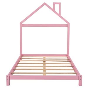 LostCat Full Size Wood Platform Bed with House-Shaped Headboard, Floor Bed with Solid Wood Slats, Full Size Kids House Platform Bed Wood Bed Frames for Boys,Girls, No Box Spring Needed, Pink