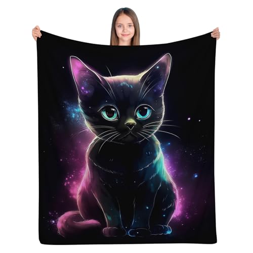 ALIFAFA Cat Blanket, Cute Black Cat in Blue Purple Galaxy Throw Blanket, Cat Gifts for Girls Boys, Plush Cat Lovers Gift Blanket Throws, Soft Cat Stuff for Kids,50"x40"