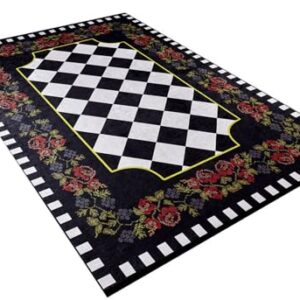 BESPOKY Noginsk Black Floral, Cotton Polyester Area Rug, Machine Washable Rug, Non Slip Rug, Living Room, Bedroom, Nursery, Hallway, Corridor, Rug, Indoor Outdoor Area Rug