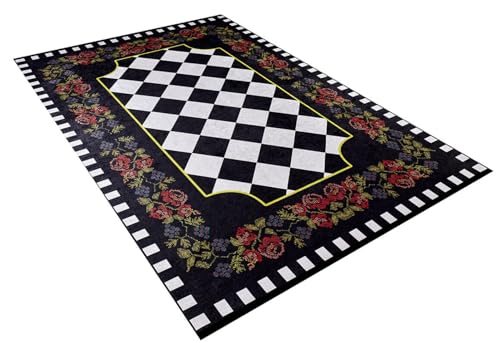 BESPOKY Noginsk Black Floral, Cotton Polyester Area Rug, Machine Washable Rug, Non Slip Rug, Living Room, Bedroom, Nursery, Hallway, Corridor, Rug, Indoor Outdoor Area Rug