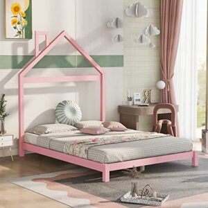 lostcat full size wood platform bed with house-shaped headboard, floor bed with solid wood slats, full size kids house platform bed wood bed frames for boys,girls, no box spring needed, pink