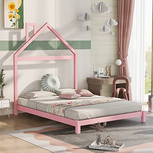 LostCat Full Size Wood Platform Bed with House-Shaped Headboard, Floor Bed with Solid Wood Slats, Full Size Kids House Platform Bed Wood Bed Frames for Boys,Girls, No Box Spring Needed, Pink