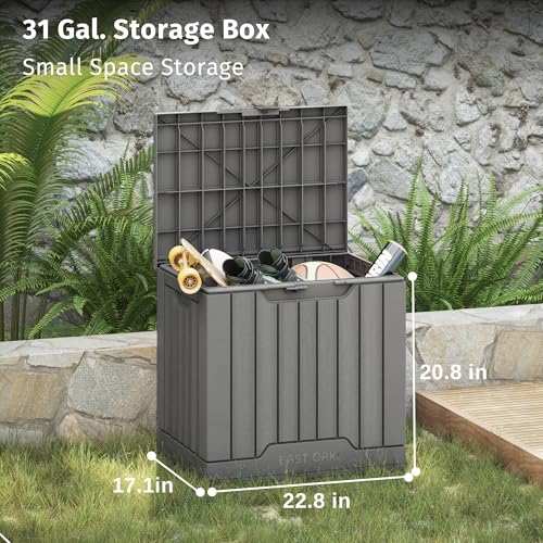 EAST OAK Outdoor Storage Box | 31 Gallon Deck Box Indoor and Outdoor Use | Waterproof Resin Storage Bin with Latch for Patio Cushions, Gardening Tools | UV Resistant | Deep Grey