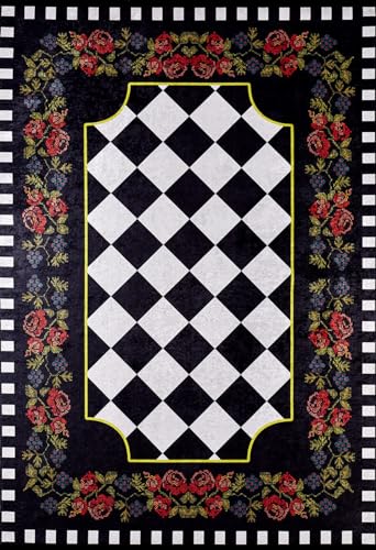 BESPOKY Noginsk Black Floral, Cotton Polyester Area Rug, Machine Washable Rug, Non Slip Rug, Living Room, Bedroom, Nursery, Hallway, Corridor, Rug, Indoor Outdoor Area Rug