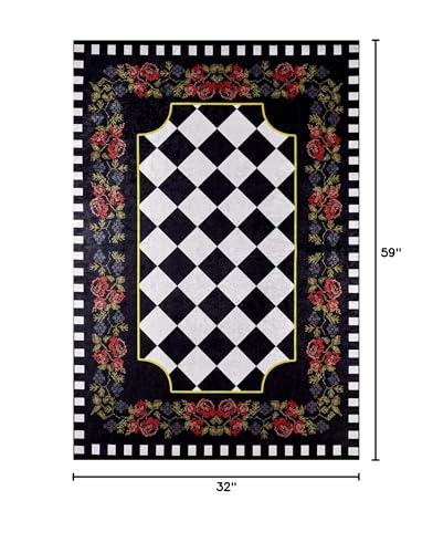 BESPOKY Noginsk Black Floral, Cotton Polyester Area Rug, Machine Washable Rug, Non Slip Rug, Living Room, Bedroom, Nursery, Hallway, Corridor, Rug, Indoor Outdoor Area Rug