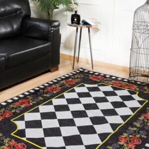 BESPOKY Noginsk Black Floral, Cotton Polyester Area Rug, Machine Washable Rug, Non Slip Rug, Living Room, Bedroom, Nursery, Hallway, Corridor, Rug, Indoor Outdoor Area Rug