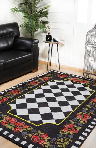 BESPOKY Noginsk Black Floral, Cotton Polyester Area Rug, Machine Washable Rug, Non Slip Rug, Living Room, Bedroom, Nursery, Hallway, Corridor, Rug, Indoor Outdoor Area Rug