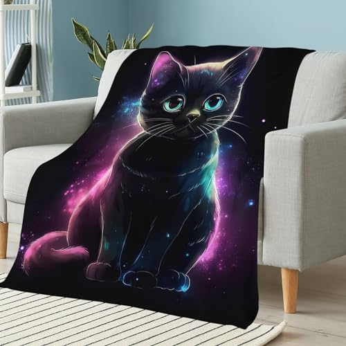 ALIFAFA Cat Blanket, Cute Black Cat in Blue Purple Galaxy Throw Blanket, Cat Gifts for Girls Boys, Plush Cat Lovers Gift Blanket Throws, Soft Cat Stuff for Kids,50"x40"