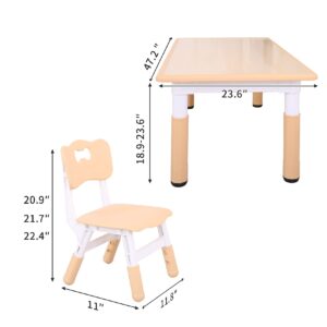 UNICOO Kids Study Table and Chairs Set, Height Adjustable Plastic Children Art Desk with 4 Seats, Kids Multi Activity Table Set (Maple Top + Nature Board)