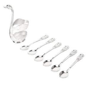 Swan Base Holder Silver Metal Coffee Dessert Spoon Set Swan Teaspoon Dinnerware Set with 6 Spoons, Swan Spoon Organizer for Coffee Fruit Desserts