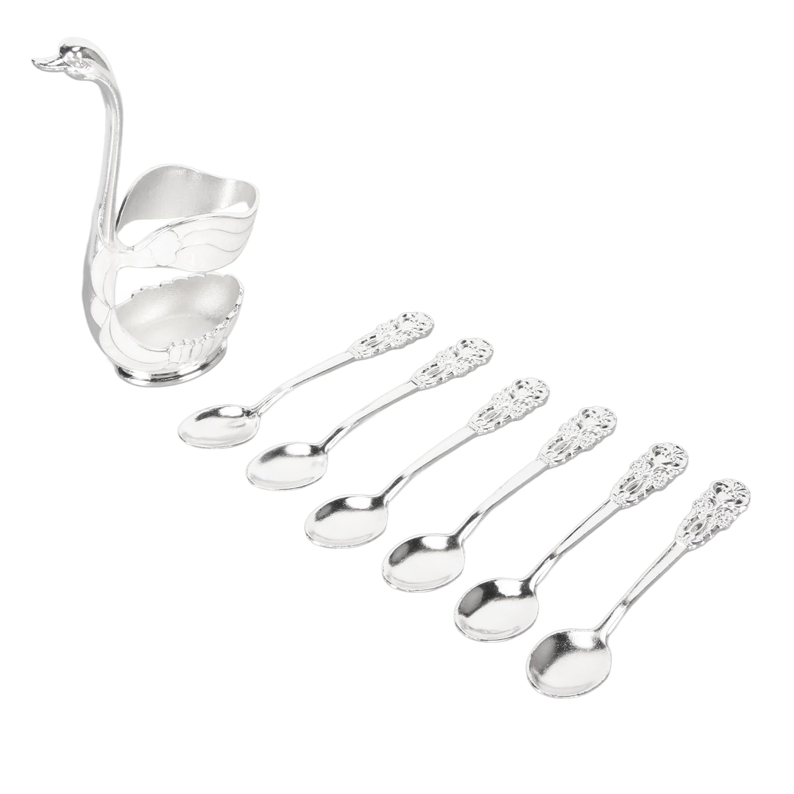 Swan Base Holder Silver Metal Coffee Dessert Spoon Set Swan Teaspoon Dinnerware Set with 6 Spoons, Swan Spoon Organizer for Coffee Fruit Desserts