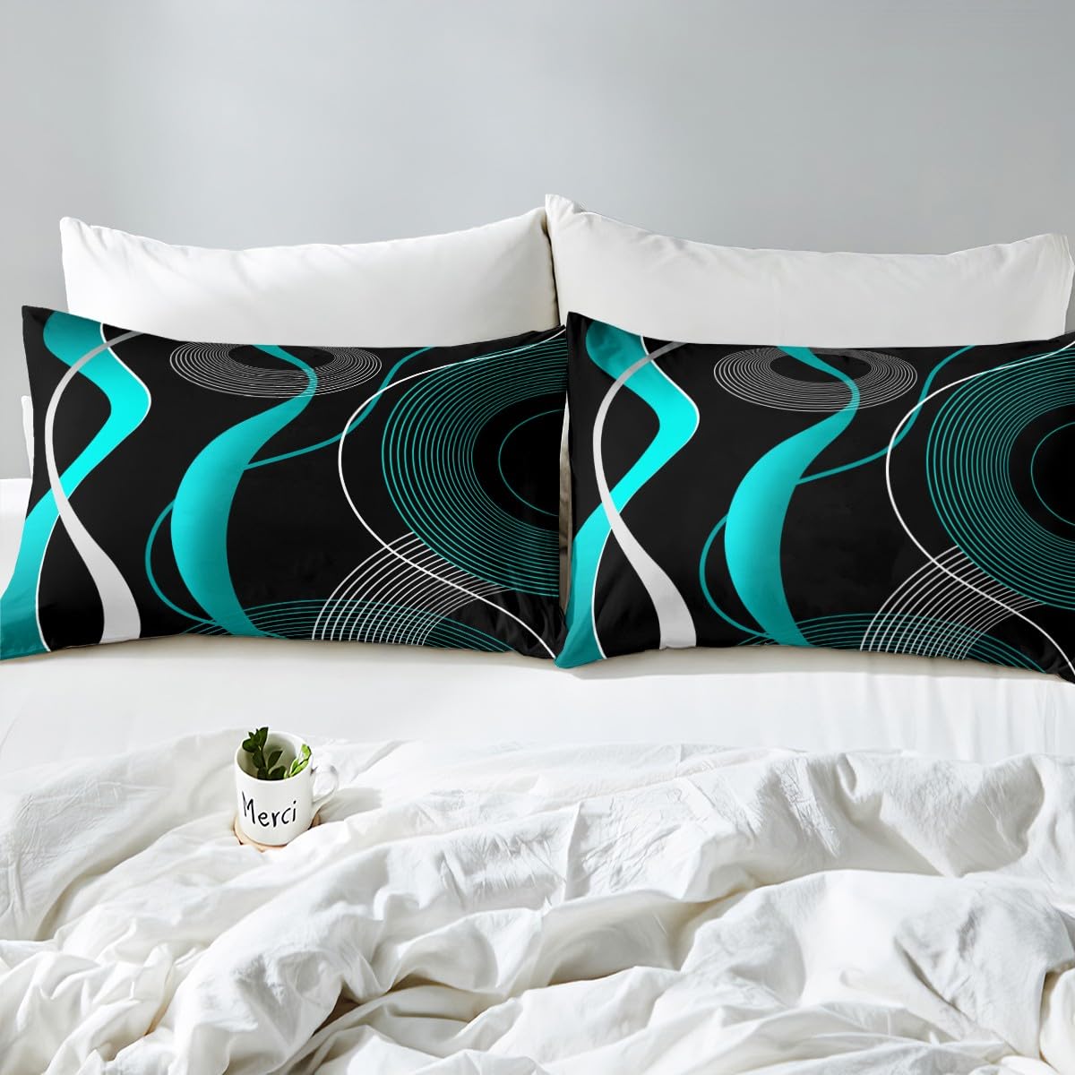 Erosebridal Geometric Duvet Cover Queen, Teal Black White Bedding Set for Kids Teens, Geometry Stripe Line Comforter Cover, Modern Art Swirl Waves Quilt Cover Abstract Circle Retro Bedroom Decor