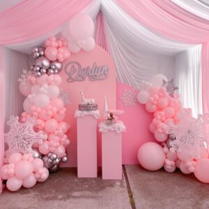 Pink Winter Wonderland Balloon Garland Arch Kit Pink White Metallic Silver With Large Snowflake Balloon for Christmas Princess Girl A Little Snowflake is on The Way Baby Shower Birthday Party Decor