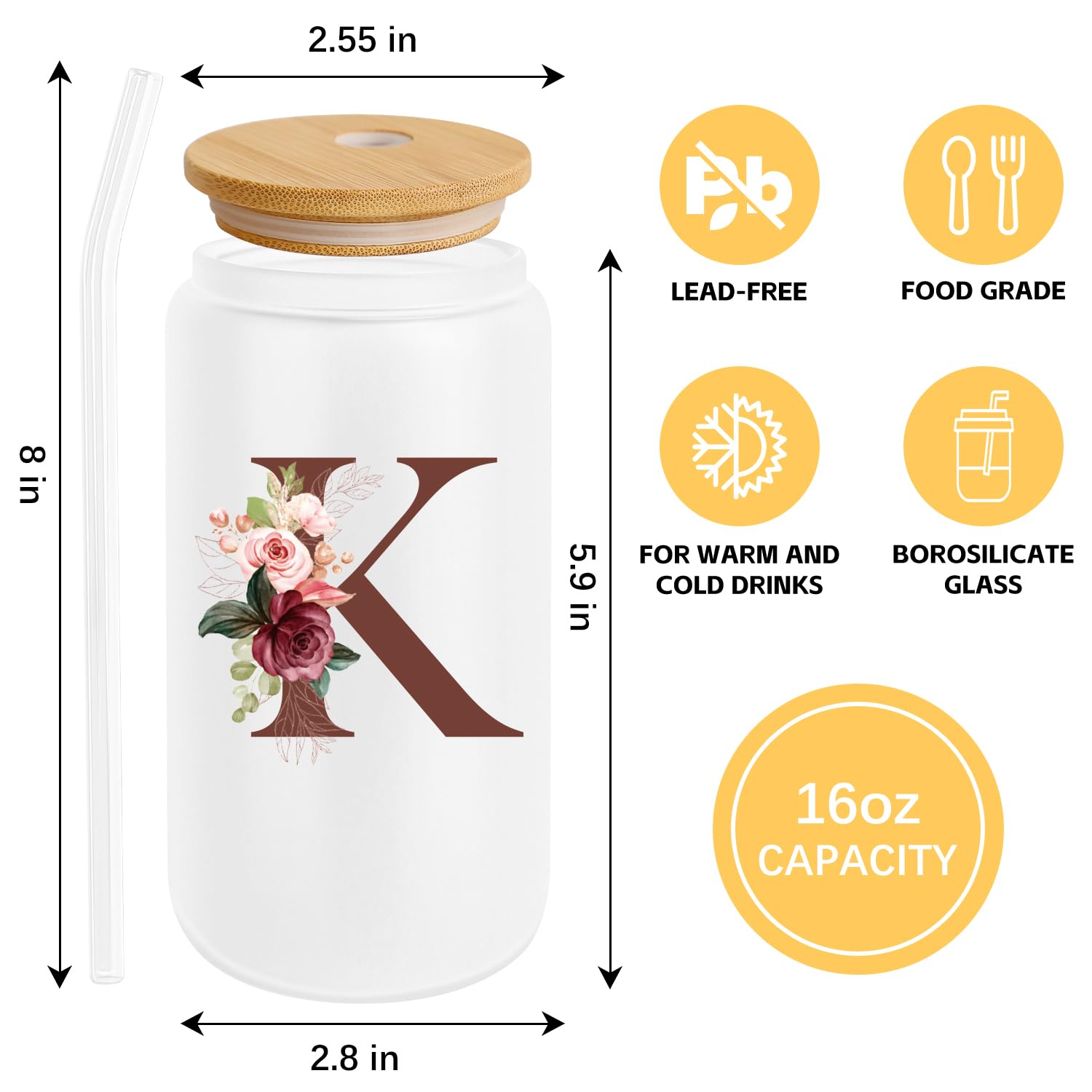 Birthday Gifts for Women, Personalized Gifts for Women, Monogrammed Initial Glass Cup - 16oz Glass Cups with Lids and Straws, Iced Coffee Cup, Beer Can Shaped Glass - Personalized Christmas Gifts K