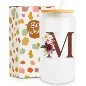 birthday gifts for women, personalized gifts for women, monogrammed initial glass cup - 16oz glass cups with lids and straws, iced coffee cup, beer can shaped glass - personalized christmas gifts m