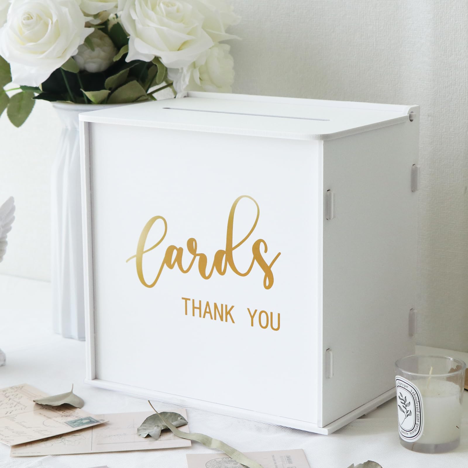 CYAOOI White Wedding Card Box with Slot, PVC Gift Card Box Holder for Wedding Reception, Gold Print Money Envelope Card Box for Party Graduation Birthday Baby Shower Decorations