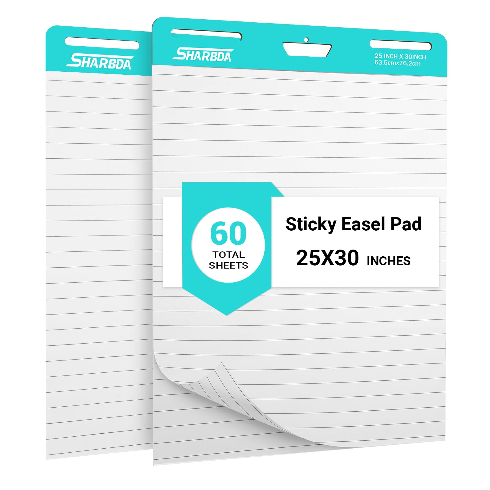 SHARBDA Lined Sticky Easel Pad, 25 in x 30 in,Flip Chart Paper,Sticky Chart Paper for Teachers, Large Self-Stick Easel Paper,Super Sticky & Bleed-Resistant,30 Sheets/Pad,2 Pads