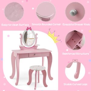 KOTEK 2-in-1 Kids Vanity with Detachable Top & 360° Rotating Mirror, Little Girls Vanity Set with Mirror, Stool and Drawer, Pink Princess Dressing Table & Chairs, Makeup Vanity Desk for Toddler 3-7