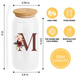 Birthday Gifts for Women, Personalized Gifts for Women, Monogrammed Initial Glass Cup - 16oz Glass Cups with Lids and Straws, Iced Coffee Cup, Beer Can Shaped Glass - Personalized Christmas Gifts M