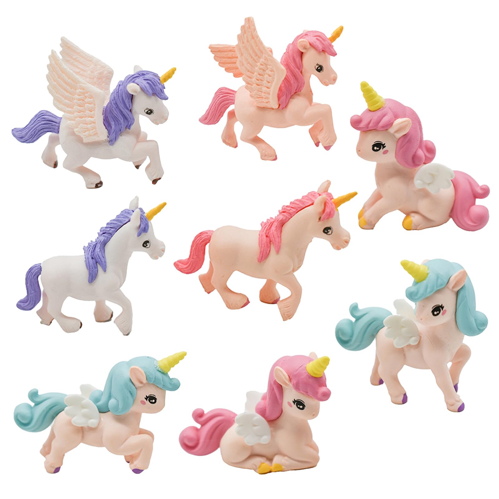 Pinenjoy 8Pcs Mini Flying Horse Unicorn Figurine Miniature Resin Unicorns Cake Toppers Fairy Garden Accessories for DIY Moss Landscape Dollhouse Birthday Party Decorations