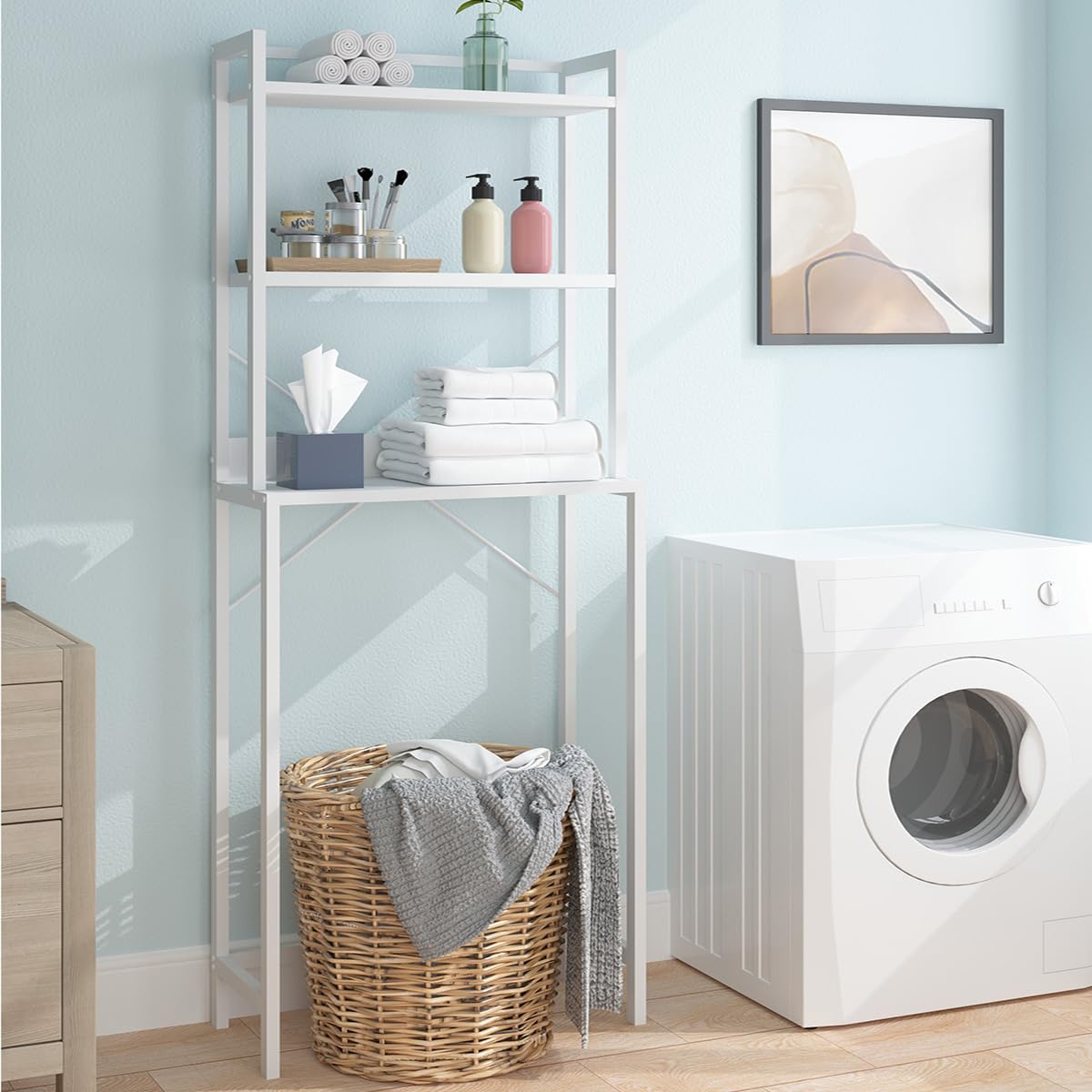 Launica Over Toilet Storage Shelf, Industrial Metal Bathroom Shelves Over Toilet, Modern Wooden 3 Tier Above The Toilet Storage Rack, Freestanding Space Saver Bathroom Organizer Over Toilet, White Oak