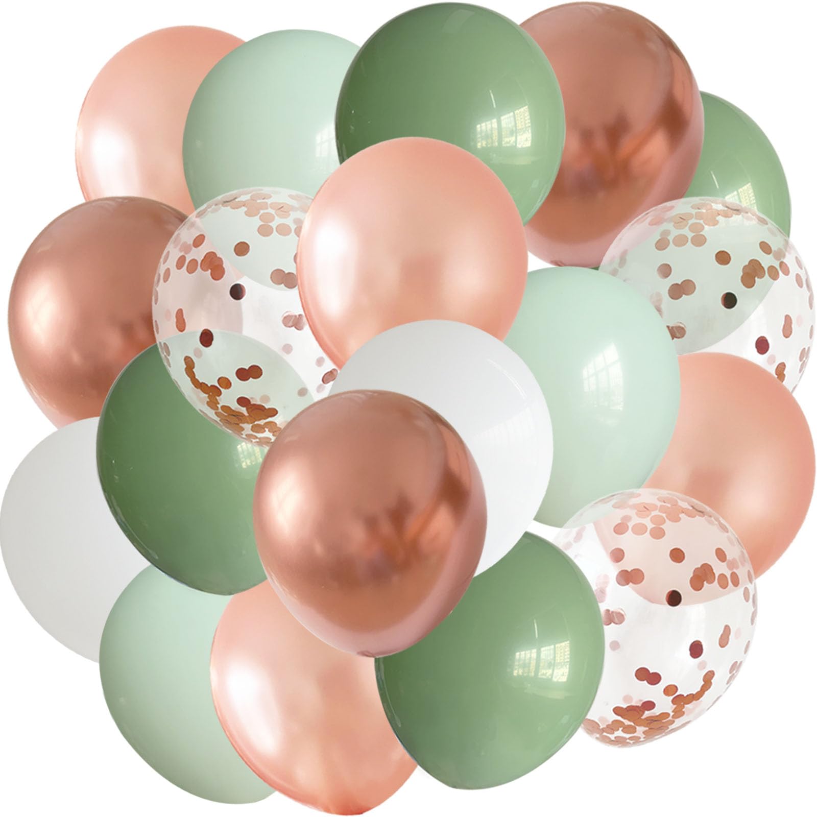 ANSOMO Sage Green and Rose Gold Latex Balloons 12 Inch 50 Pcs Party Decorations Matte White Pink Spring Chrome Confetti Balloons Wedding Birthday Bridal Baby Shower Graduation Décor Supplies