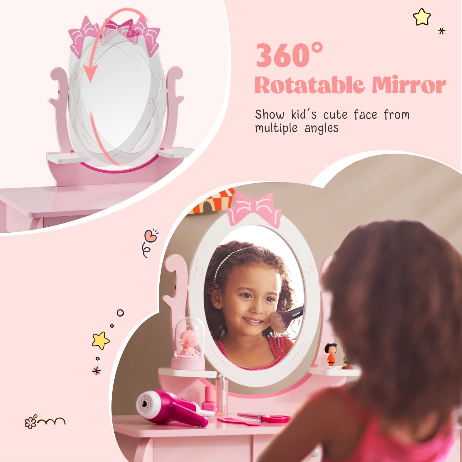 KOTEK 2-in-1 Kids Vanity with Detachable Top & 360° Rotating Mirror, Little Girls Vanity Set with Mirror, Stool and Drawer, Pink Princess Dressing Table & Chairs, Makeup Vanity Desk for Toddler 3-7