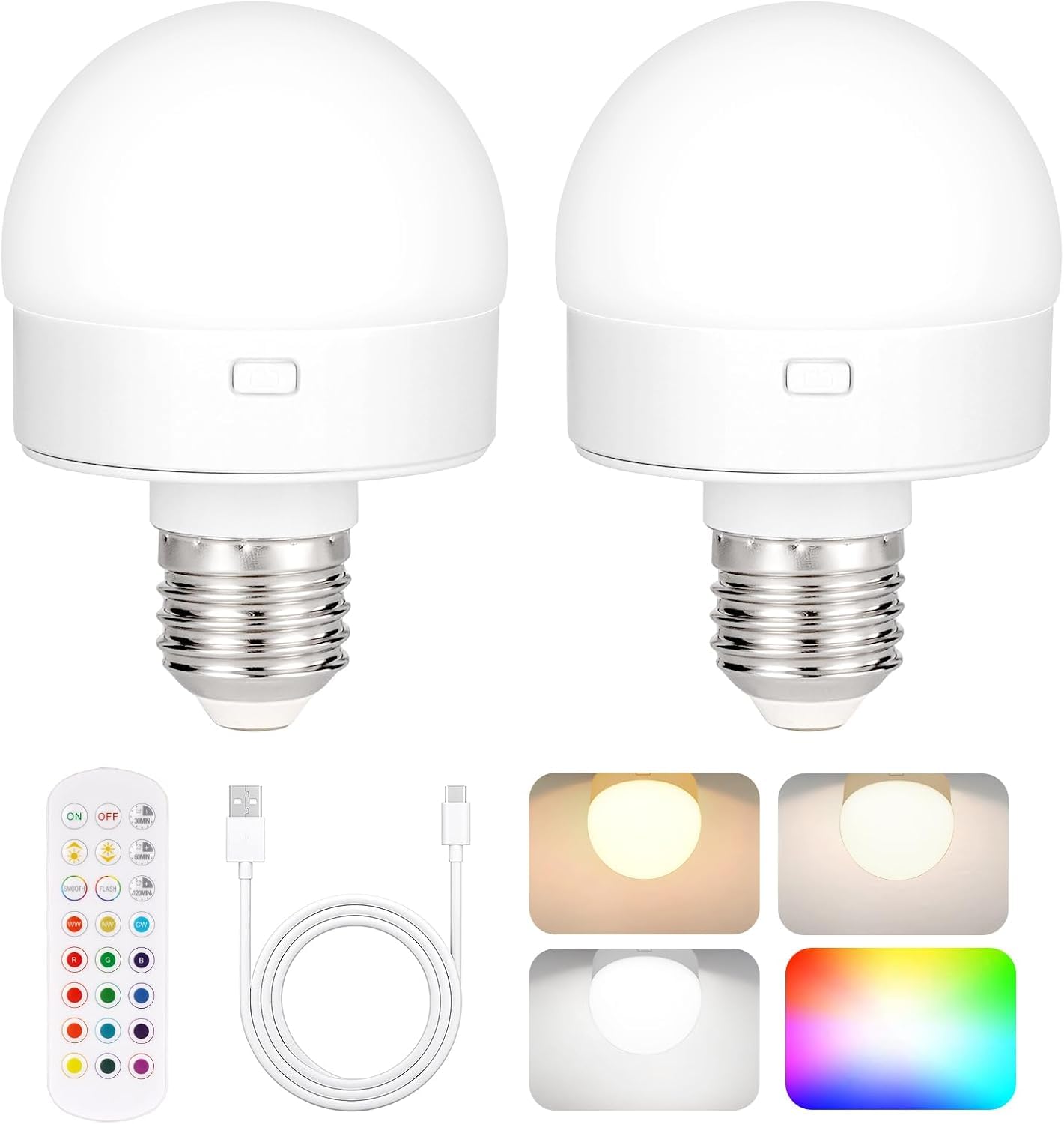 Rechargeable Battery Operated Light Bulb with Remote Control 2 Packs, 350LM Dimmable Detachable LED Bulb with 15 Colors Selectable & 3 Timer, Wireless Puck Light Bulb for Wall Sconce, Non-Hardwired