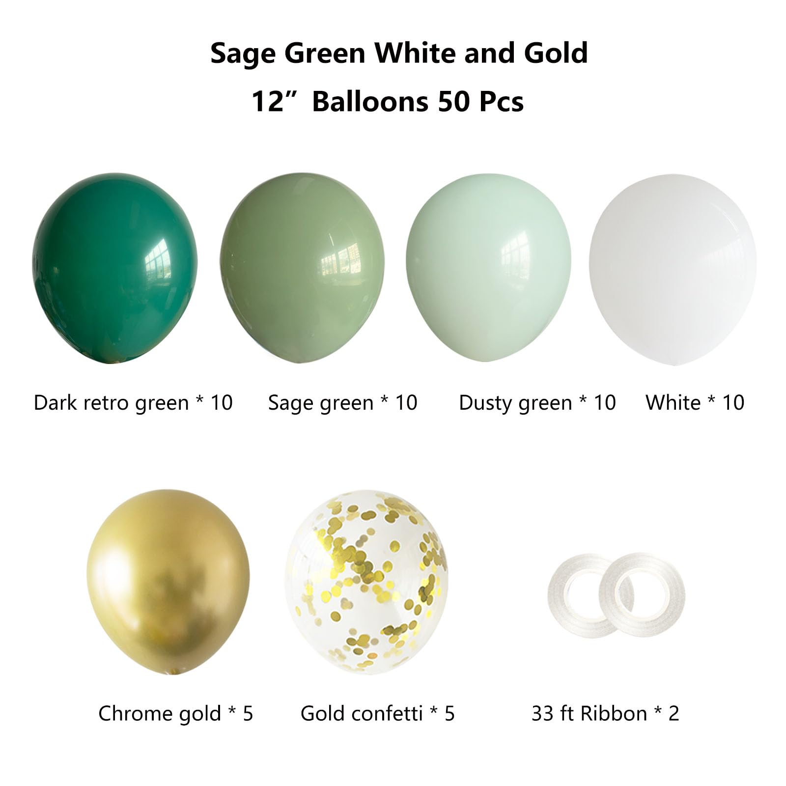 ANSOMO Sage Green White and Gold Latex Balloons 12 Inch 50 Pcs Party Decorations Matte Retro Dark Dusty Light Green Confetti Balloons Wedding Birthday Bridal Baby Shower Graduation Décor Supplies