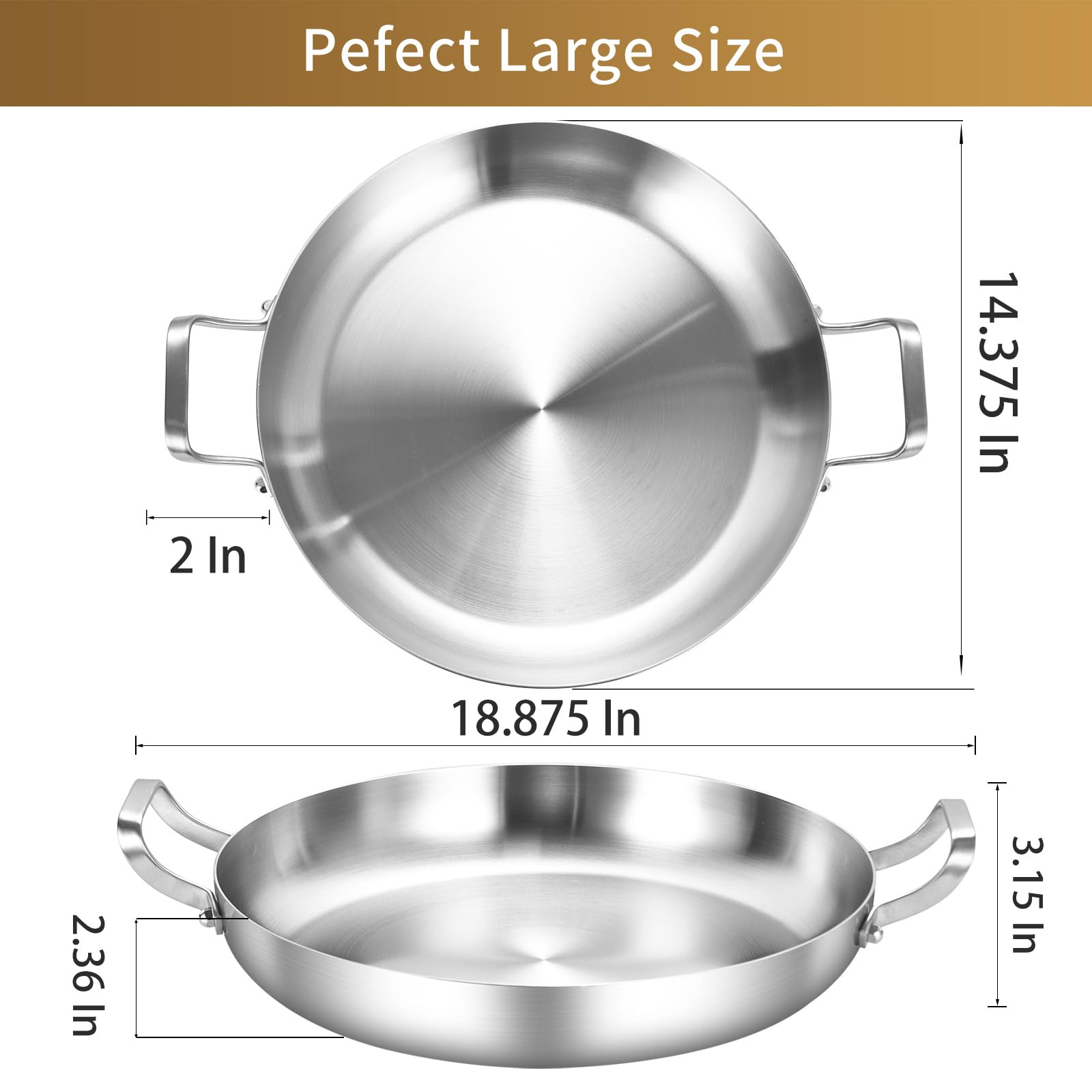 Inqibee Tri-Ply Stainless Steel Paella Pan with Lid,Large Skillet,Omelet Pan,Griddle,Jumbo Cooker,Induction Pan,Dishwasher and Oven Safe. (14 Inch)