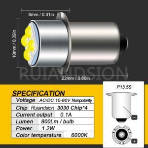 Ruiandsion 2pcs P13.5S Screw Base LED Bulb 10-60V White 3030 4SMD Replacement for Flashlights Torch Work Lights, Non-Polarity