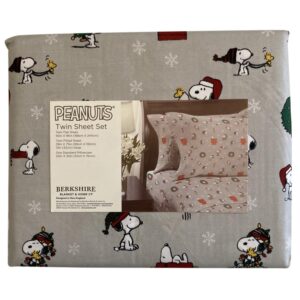 BLUE HERON WEST Peanuts Christmas Sheet Set - Wreaths and Lights - Gray Background (Twin)