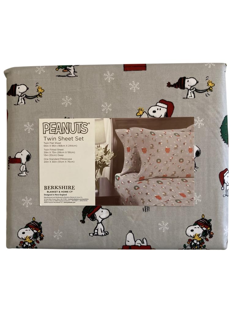 BLUE HERON WEST Peanuts Christmas Sheet Set - Wreaths and Lights - Gray Background (Twin)