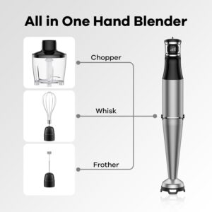 Immersion Hand Blender 5 in 1: 800W Electric Blender Handheld Stick Mixer with Trigger Control Grip, Emulsion Blenders for Kitchen Soup, Mayo, Smoothie and Baby Food, with Chopper, Whisk and Frother