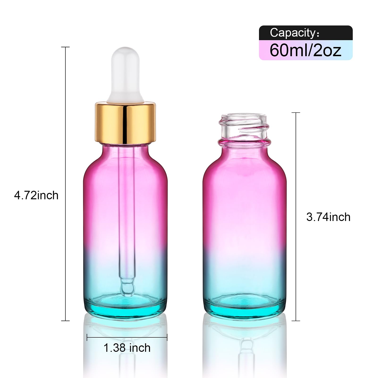 Hethyo 4 pack 2 oz Glass Dropper Bottle with Extra 2 Spray Nozzles 60ml Rainbow Colored Thick Glass Tincture Bottles Leakproof Travel Essential Oils Bottles (2 OZ)