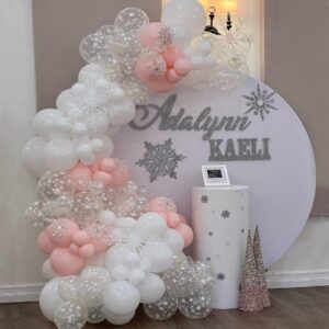 Pink Winter Wonderland Balloon Garland Arch Kit Pink White Metallic Silver With Large Snowflake Balloon for Christmas Princess Girl A Little Snowflake is on The Way Baby Shower Birthday Party Decor