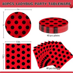 Lousuip 80PCS Ladybug Party Supplies Ladybug Paper Plates and Napkins Party Tableware for Girls Birthday Babyshower Party Decorations