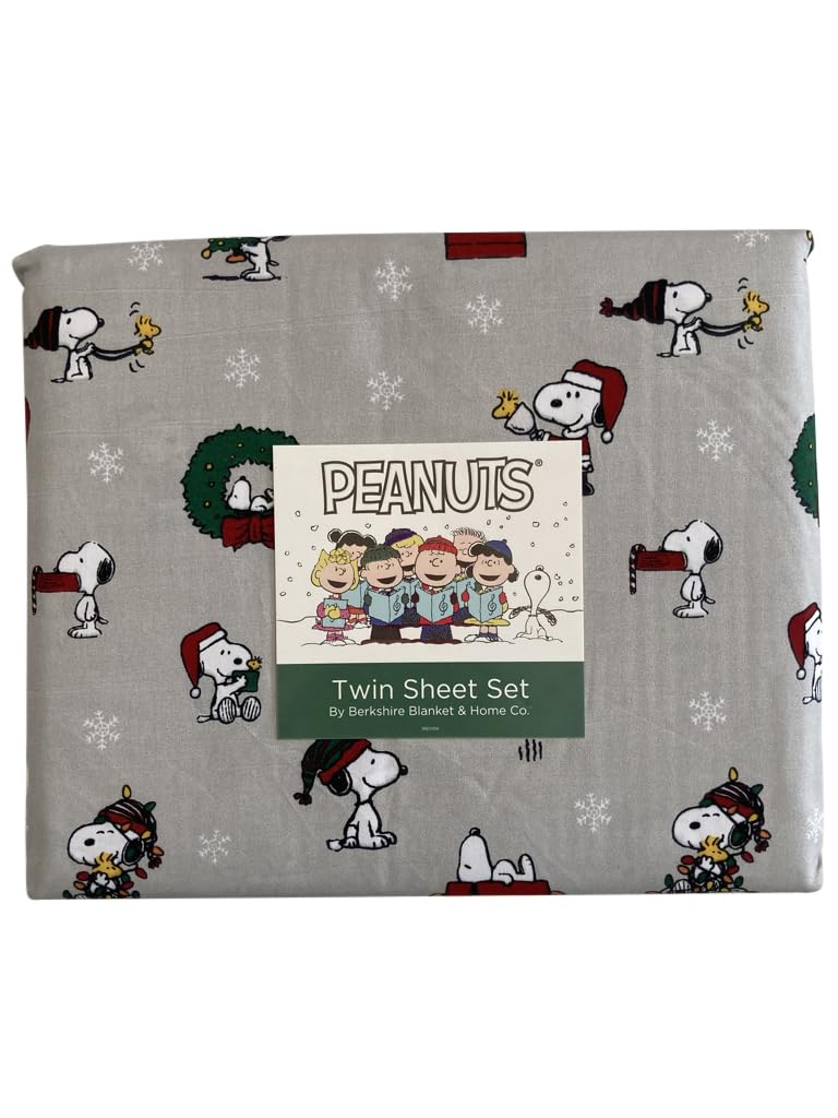 BLUE HERON WEST Peanuts Christmas Sheet Set - Wreaths and Lights - Gray Background (Twin)