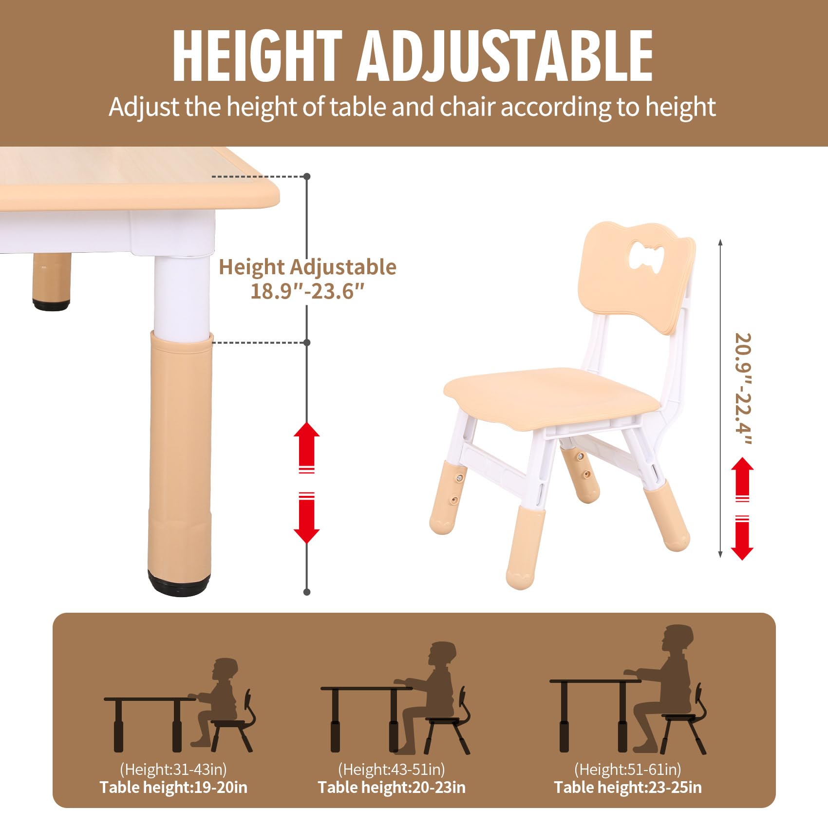 UNICOO Kids Study Table and Chairs Set, Height Adjustable Plastic Children Art Desk with 4 Seats, Kids Multi Activity Table Set (Maple Top + Nature Board)