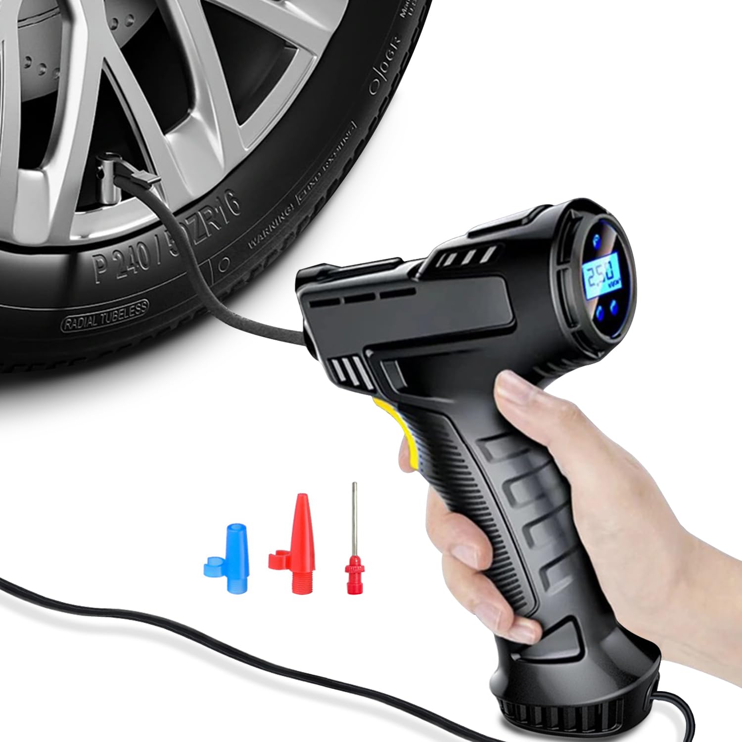 Car Tire Inflator Portable Air Compressor Corded Cigarette Lighter Plug, 7.4V Power 120W Car Air Pump with Digital Display, LED Lights, for Cars