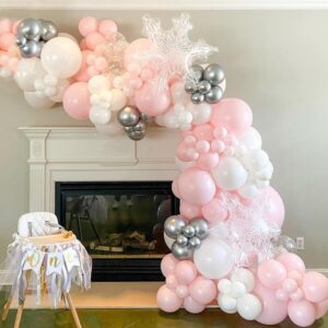 Pink Winter Wonderland Balloon Garland Arch Kit Pink White Metallic Silver With Large Snowflake Balloon for Christmas Princess Girl A Little Snowflake is on The Way Baby Shower Birthday Party Decor